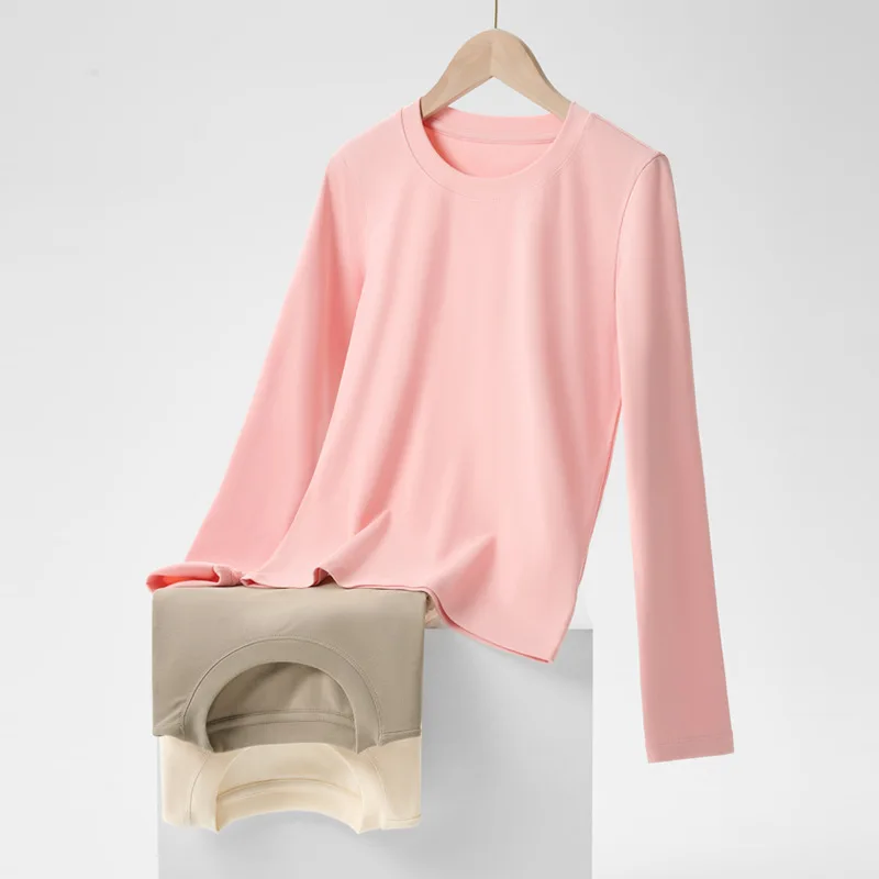 Round Neck Shoulder Long Sleeved T-shirt for Women in Spring and Autumn Slim Fit Short Style Slimming Effect Inner Top Base
