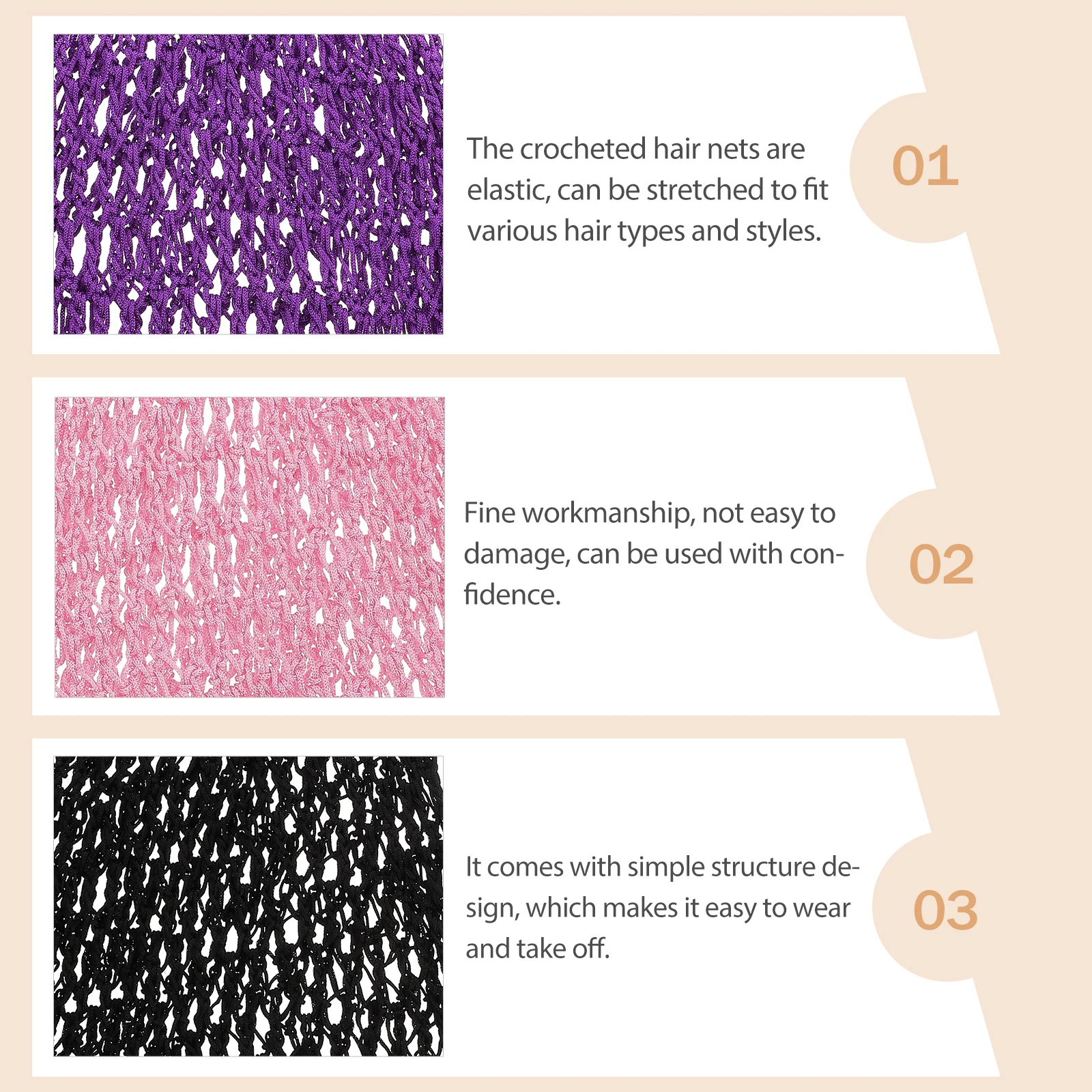 

3pcs Crocheted Long Mesh Elastic Covers For Women Girls Home Salon Use Crochet Hair Net Hair Cover Tool