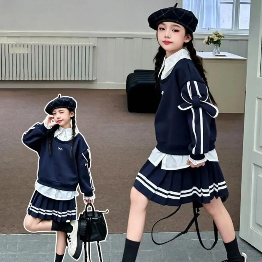 Faux Two Piece Girls Sweatshirt Bow Sleeve Accents Preppy Style Girls Casual Top Layered Hem Navy Faux Layered Sweatshirt
