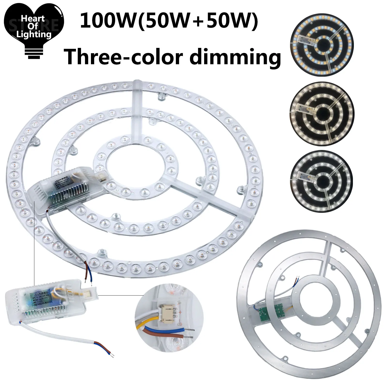 1pcs 100W 3color dimming round ceiling light replacement LED module AC180-265V high brightness SMD2835 energy-saving lamp, suita