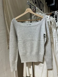 Gray Knitted Short Sweater Woman Autumn Sexy Slash Neck Long Sleeve Cotton Jumpers Vintage Sweet Preppy Style Pullover Y2k Tops