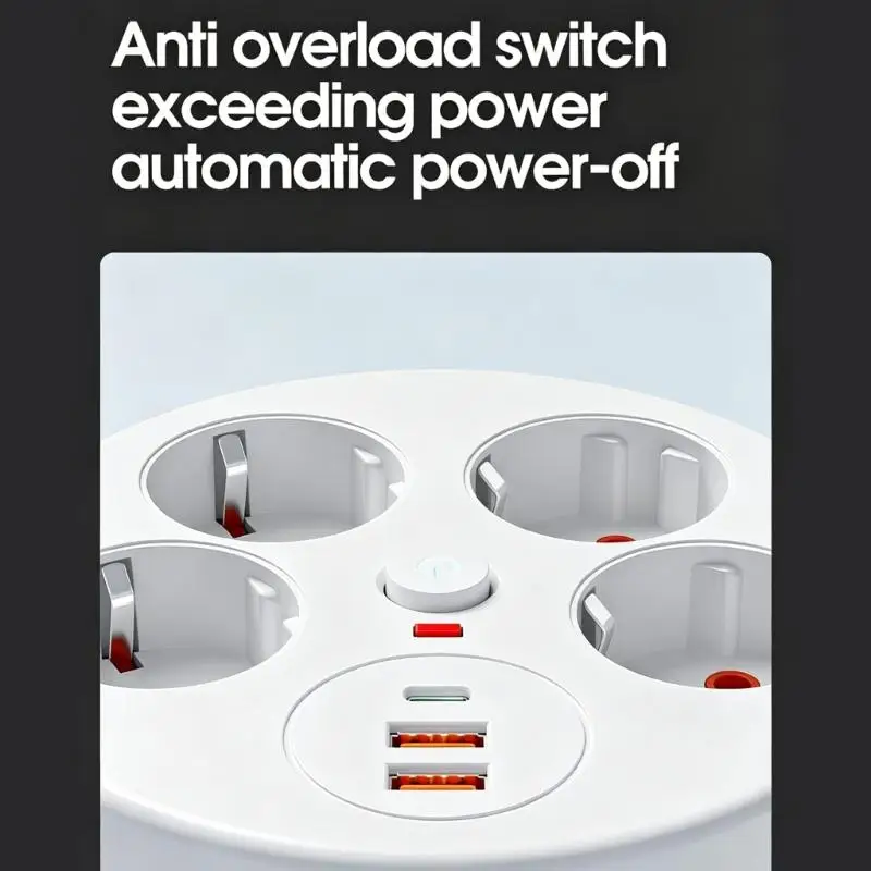 652F Practical 220V Extension Socket with Child Safety Shutters 4 Outlets 3 USB Port
