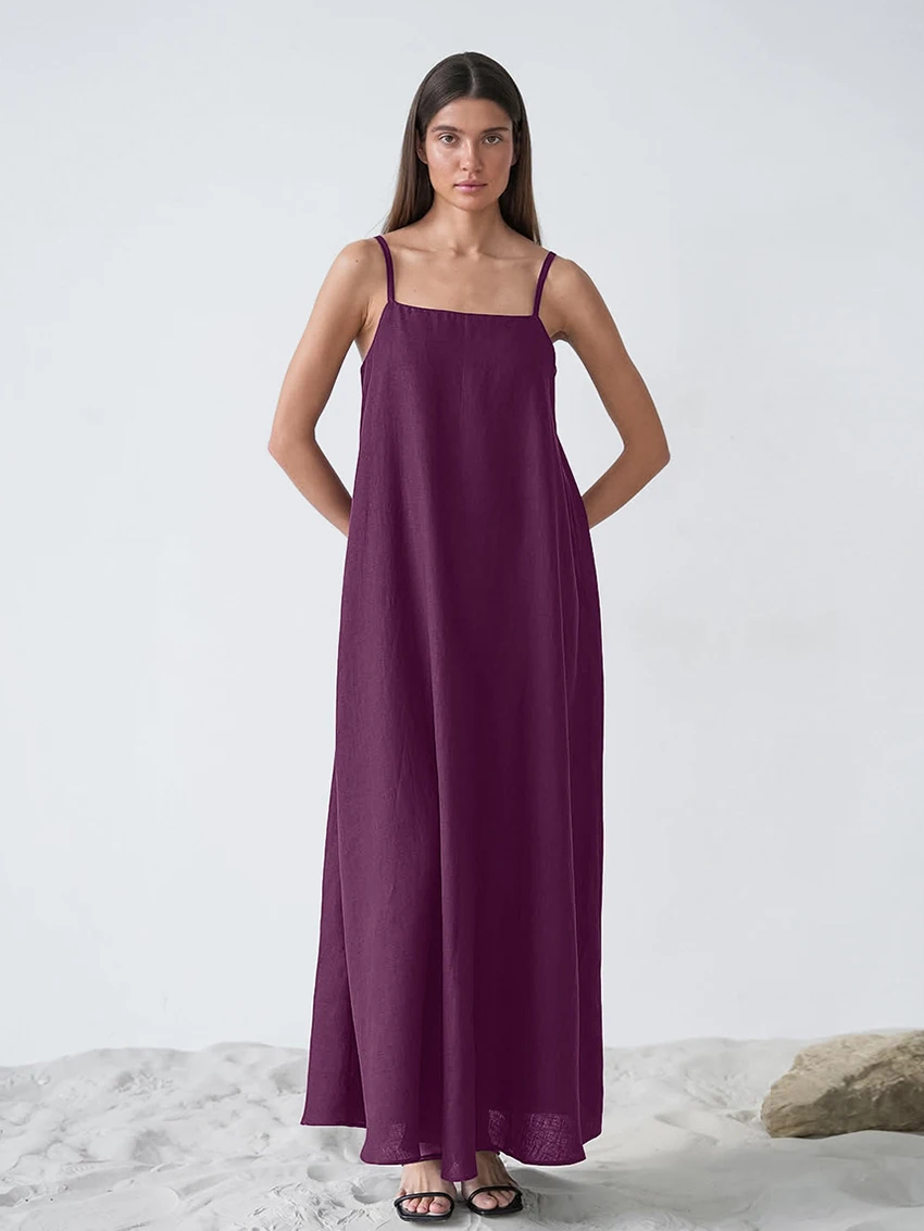

Marthaqiqi Cotton Ladies Sleepwear Backless Spaghetti Strap Nightgowns Square Collar Nightwear Ankle-Length Dress Home Clothes