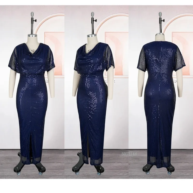 

African Sequin Maxi Dress Short Sleeve Cowl Neck Front Slit Design Evening Gown for Weddings Galas And Formal Parties