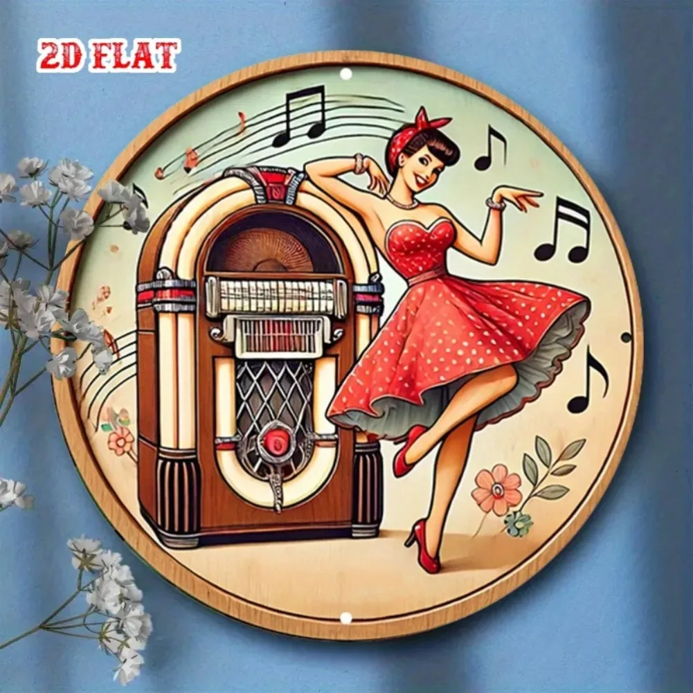 1PC 2D Flat 1950s Retro Jukebox Metal Wall Decor - Medieval Modern Beauty & Logo Design