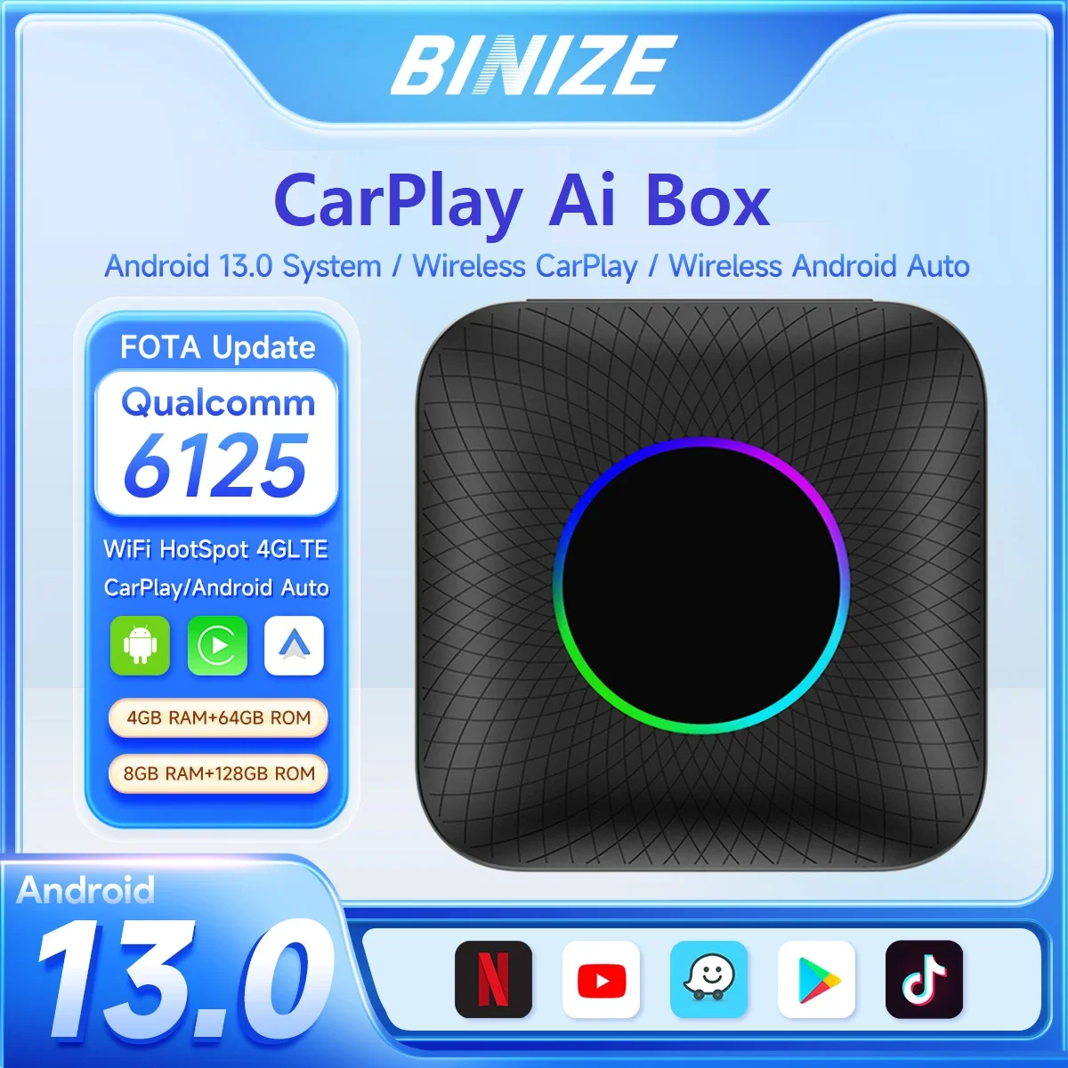 Binize CarPlay Ai Box Android 13.0 bezprzewodowy Android Auto QCM6125 8-rdzeniowy 4G LTE obsługa Youtube Netflix FOTA aktualizacja Plug&Play