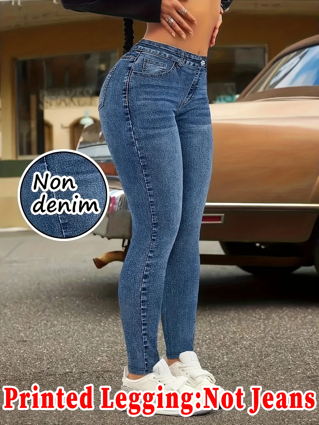 Fashion Women Faux Denim Printed Skinny Pants, High Elastic Seamless Fake Pocket Casual Sports Long Leggings view 2