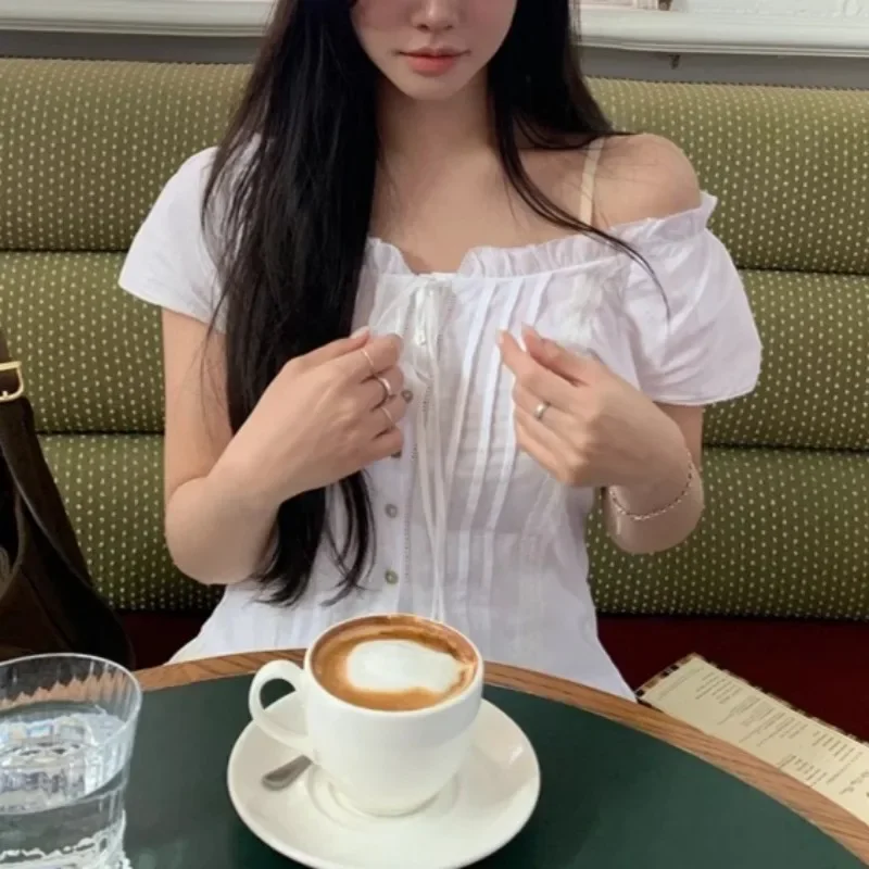 Vintage Ruffles Lace Up Casual White Short-sleeved Shirt Women 2025 New High Street Single-breasted Sexy Crop Tops