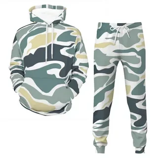 Conjunto de agasalho estampado em camuflagem 3D masculino, capuz e calças, roupas esportivas oversize, roupas casuais, ao ar livre, 2 peças