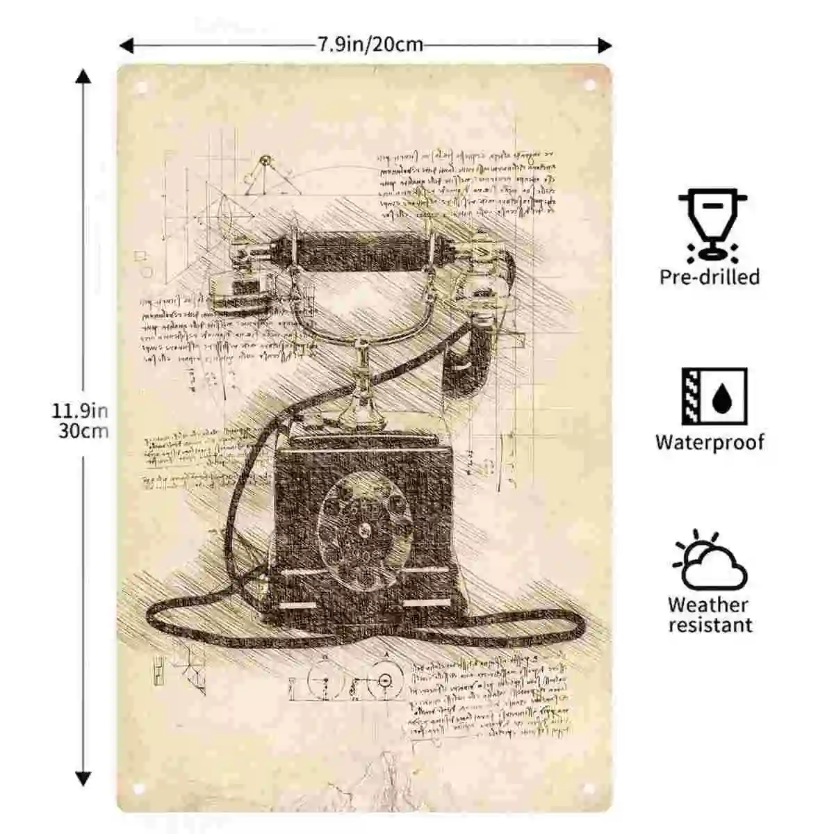 2D FLAT 1pc Vintage Rotary Telephone Sketch Wall Art Decoration for Home Cafe Office Bedroom And Study