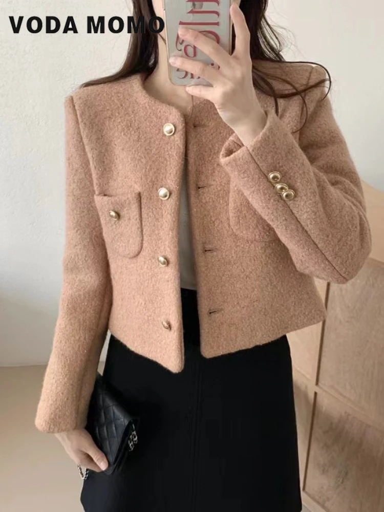 

Темпераментная модная осенне-зимняя короткая базовая куртка, женская элегантная тонкая однобортная шерстяная верхняя одежда 2024, универсальная