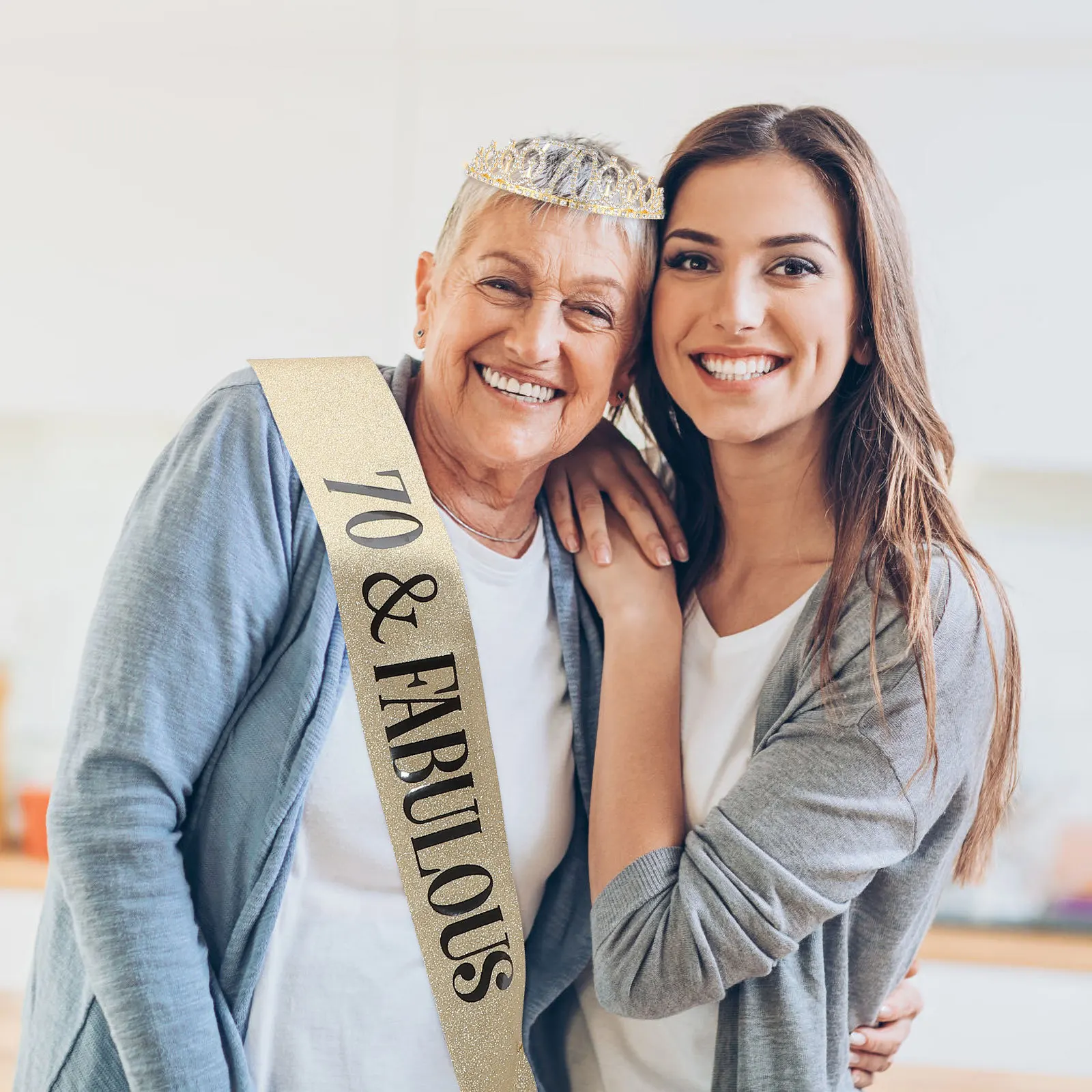 

1Set Glitter Rhinestone Birthday Crown Set for Her 70 Years Old Party Decor Tiara and Sash Women Birthday Decoration Photography