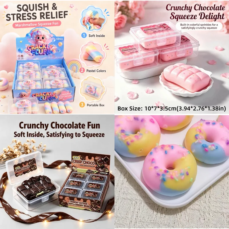 Crispy Squishy Fidget Squeeze Rainbow Candy Donut Cat‑paw Shape Soft Squeezable Decor Pastel Macaron Color Crunchy Stress Relief