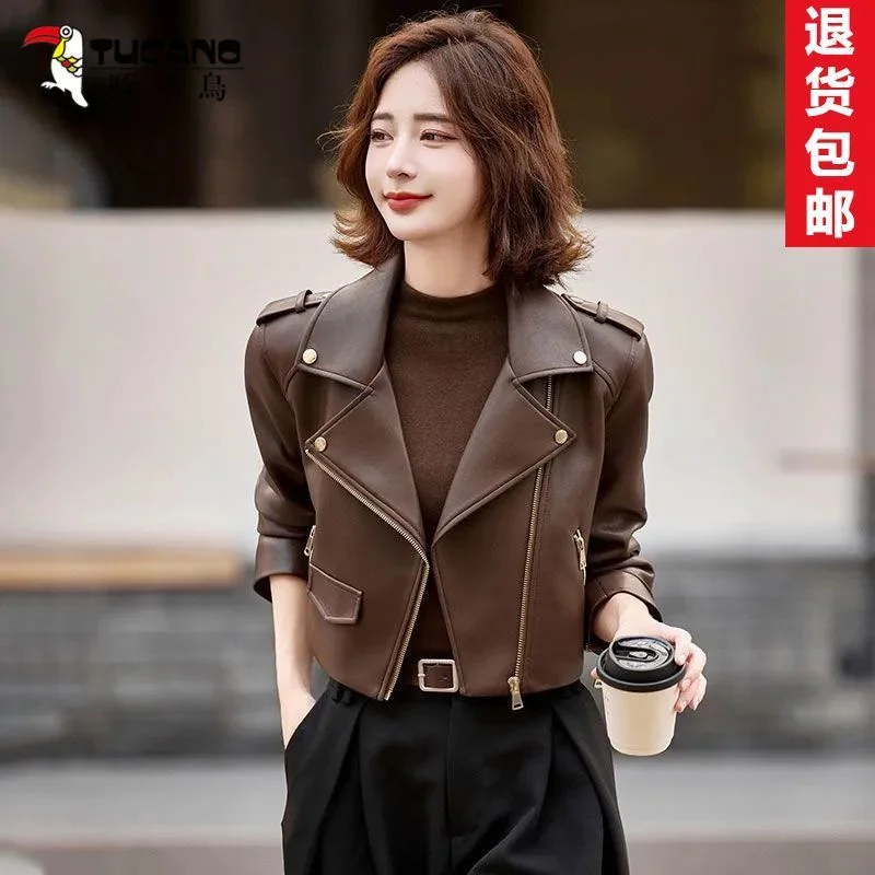 

Spring Autumn Women's Leather Jacket Street Style Fashion Casual Versatile Korean Version Slim Fit Motorcycle Leather Coat