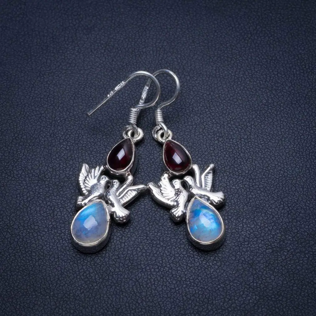 StarGems® Natural Rainbow Moonstone and Amethyst Pigeon Unique Pigeon Shape 925 Sterling Silver Earrings 1 1/2