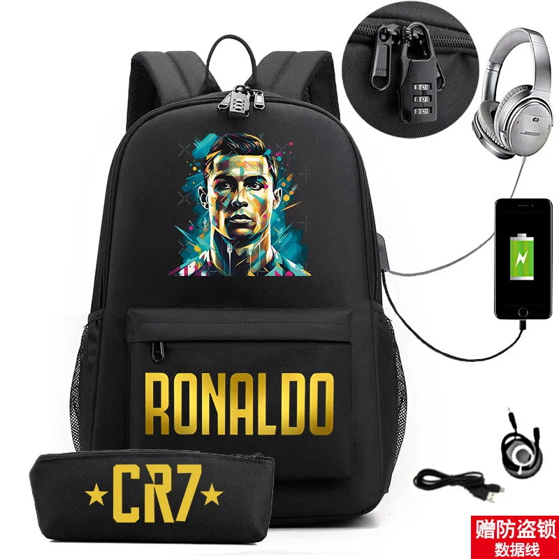 Ronaldo printed backpack casual student school bag usb bag with lock outdoor travel bag computer bag pencil case 2-piece set