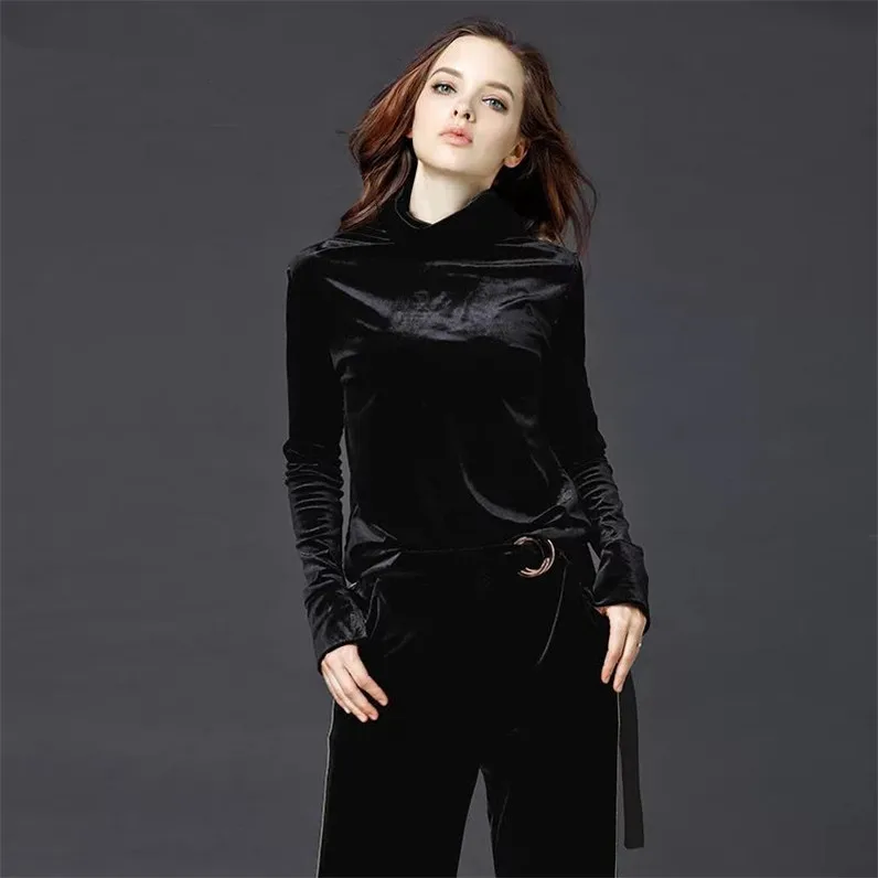 2024 Korean style women Autunm turtleneck velour shirt office lady black green blue Winter velvet Blusas ropa para mujer shirts