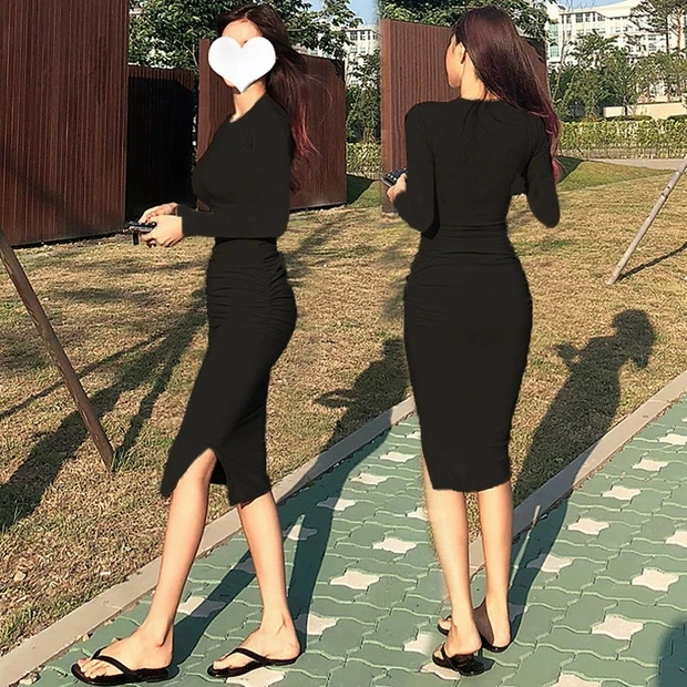 Frühling Sommer Neue Koreanische Sle runde Ne Knie-Länge Sexy Enge Bodycon Dr frauen Lange Sve One Step rock Dr