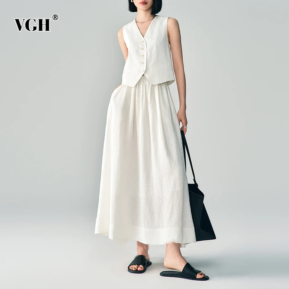 

VGH Casual Slimming Solid Two Piece Sets For Women V Neck Sleeveless Spliced Button Top High Waist Long Skirt Chic Set Female