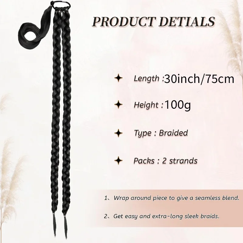 30 Inch Black Braided Ponytail Synthetic Extension Wrap Around Long Braid Extensions Hairpiece Black Women Party