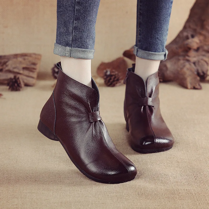 New 2022 Cowhide Casual Low-Heeled Ankle Boots Korean Version Soft-Soled Leather Women\'s Boots Large Size Cotton Shoes Winter