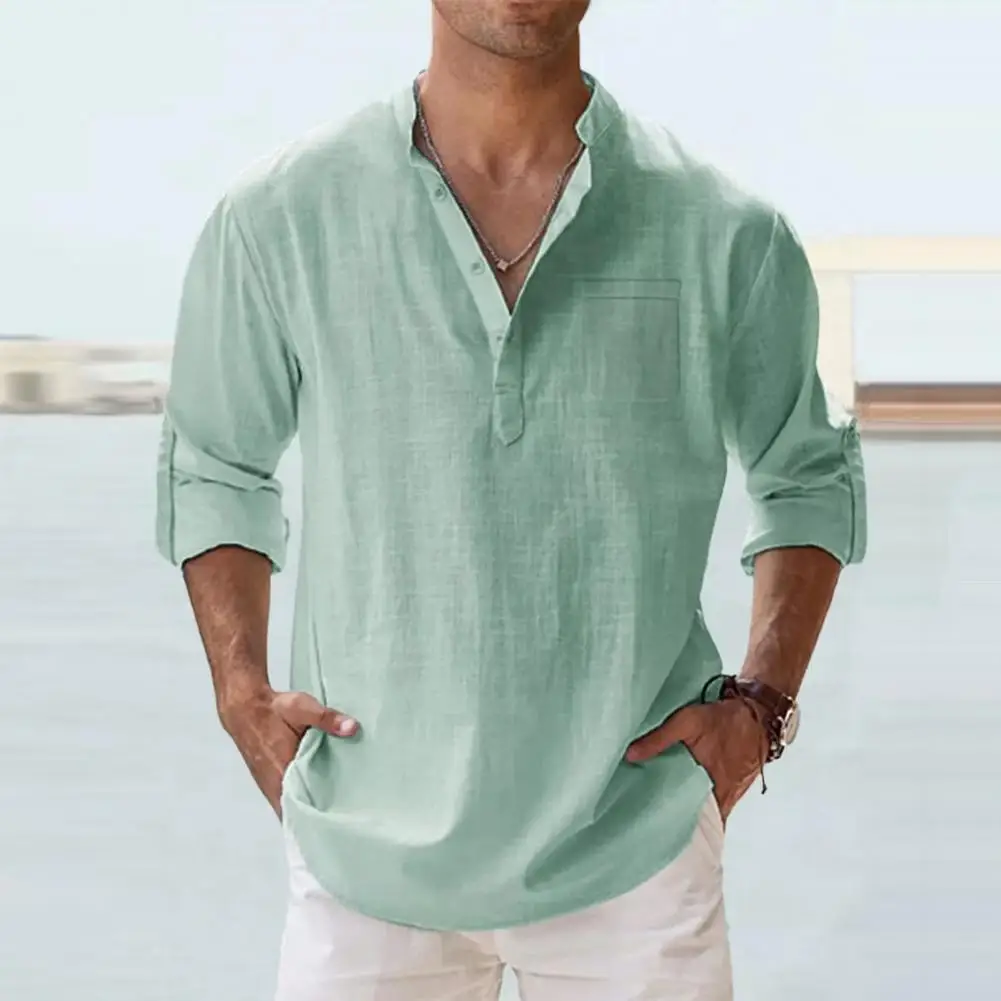 Camisa informal de algodón para hombre, Tops sueltos de manga larga de Color sólido, Camisas transpirables, ropa de verano