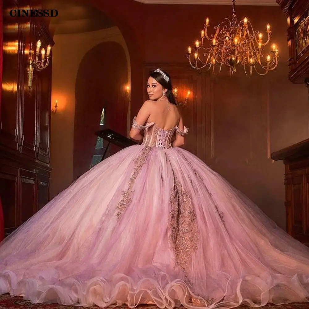 Vestidos De quinceañera con cuentas De cristal rosa, vestido De baile con hombros descubiertos, Apliques De encaje, 15 Años