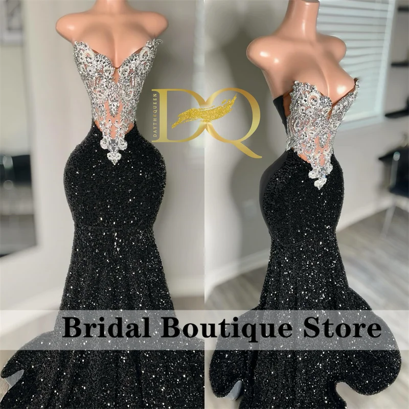 Long Mermaid Black Prom Dresses 2024 Luxury Crystals Rhinestones Beads Sequins Gown Graduation Wedding Senior Party Gown