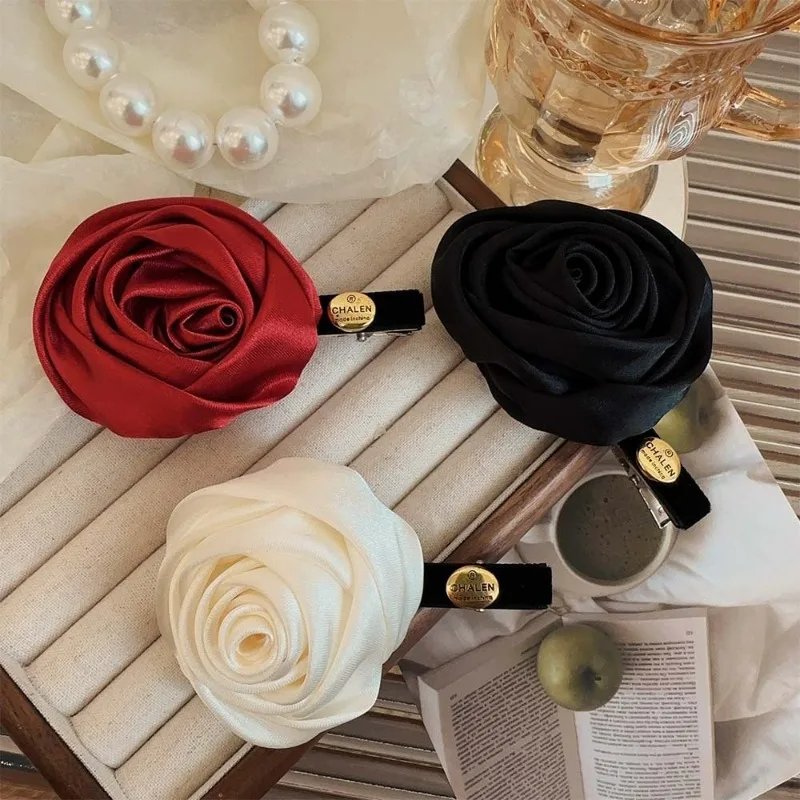 French Satin Retro Handmade Rose Barrettes Three-Dimensional Flower Side Clip Bangs Clip Headdress Cropped Hair Clip Women