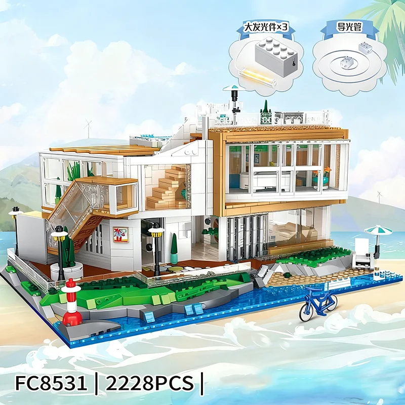 2228 قطعة فيلا شاطئ البحر MOC مدينة عرض الشارع مجموعة مكعبات البناء منتجع الترفيه منزل نموذج الطوب لتقوم بها بنفسك الديكور لعب الاطفال الهدايا #1