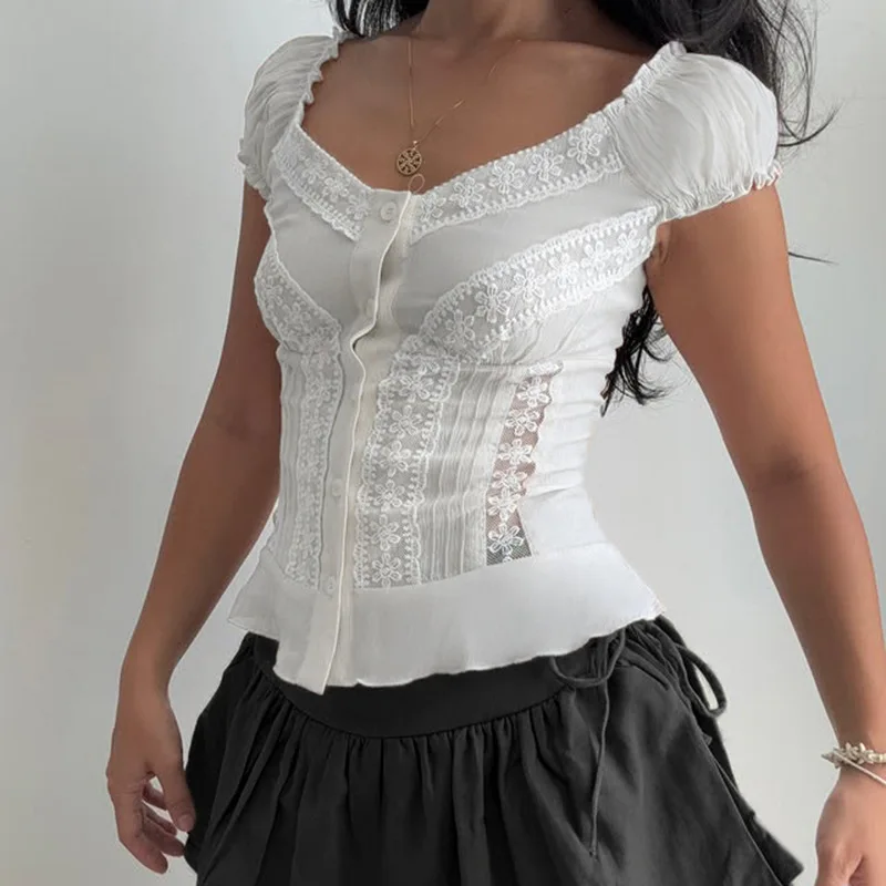 Vintage V-neck Buckle Bubble Sleeve Top with Elegant Temperament, Lace Patchwork Slim Fit and Age Reducing Shirt
