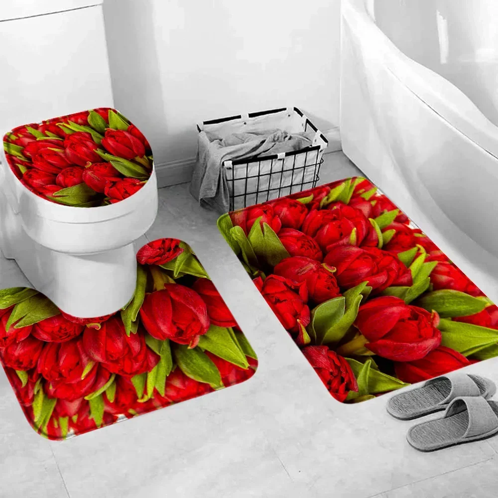 Red Rose Flower Bath Mat Set Fresh Florals Fields and Garden Plant Non-slip Toilet Lid Foot Rug Floor Mat Bathroom Accessory Set