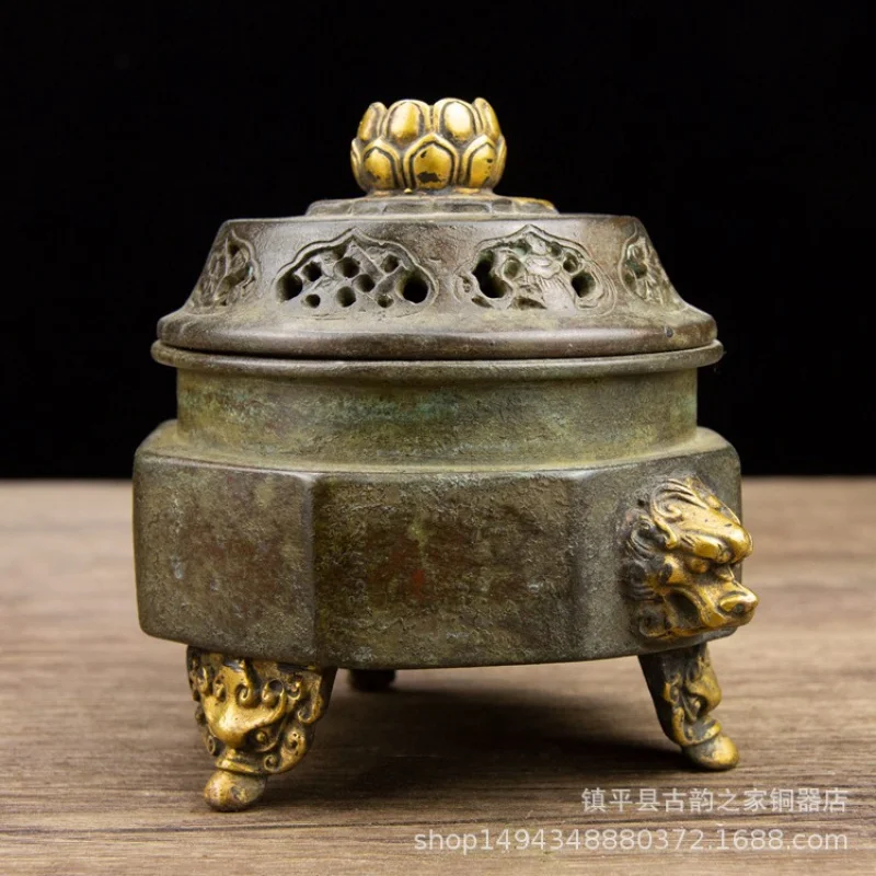 Pure Copper Antique-Style Gilded Hexagonal Three-Legged Eight Treasures Lotus Incense Burner Office Living Room Desktop Ornament