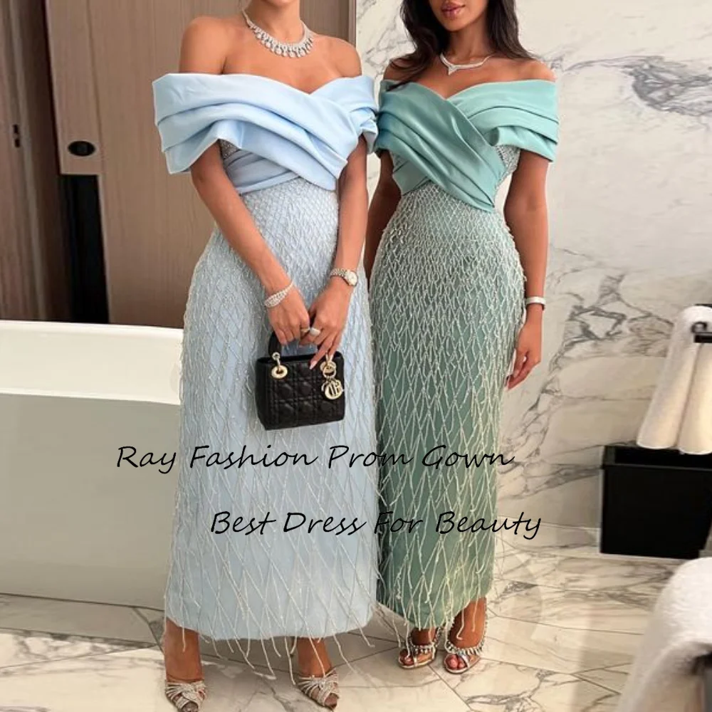 Ray Fashion Mermaid Prom Dress V Neck Off Shoulder With Short Sleves Ankle Length Evening Gowns   فساتين سهرة Saudi Arabia