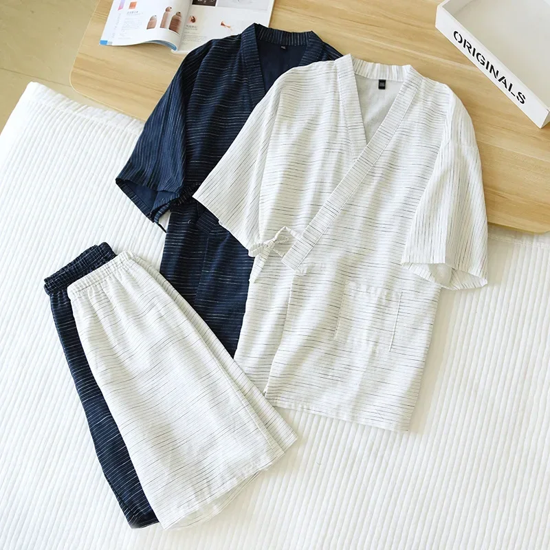 Men's Cotton Short Sleeve Pajama Set Blue White