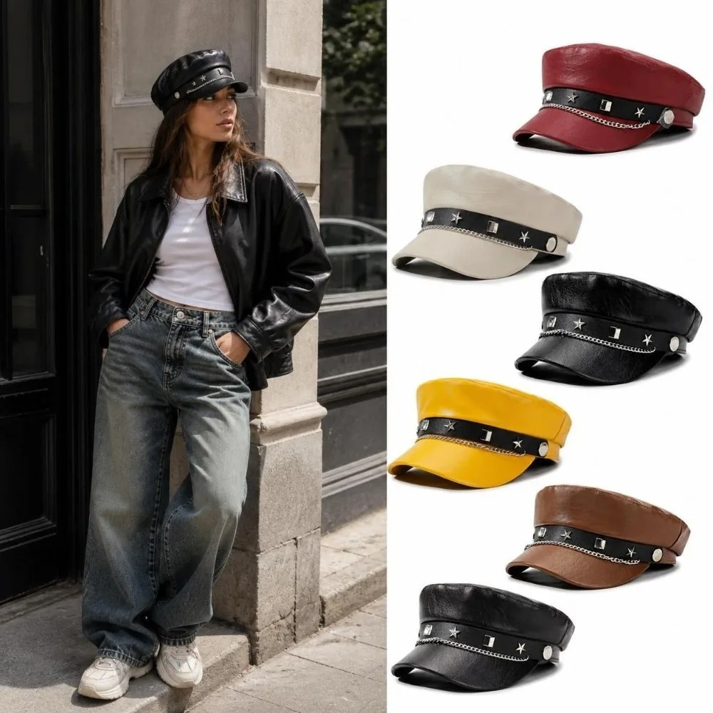 Retro PU Leather Newsboy Hat Metal Chain Decor Star Strap Flat Top Cap Casual Solid Color Baker Boy Cap For Women