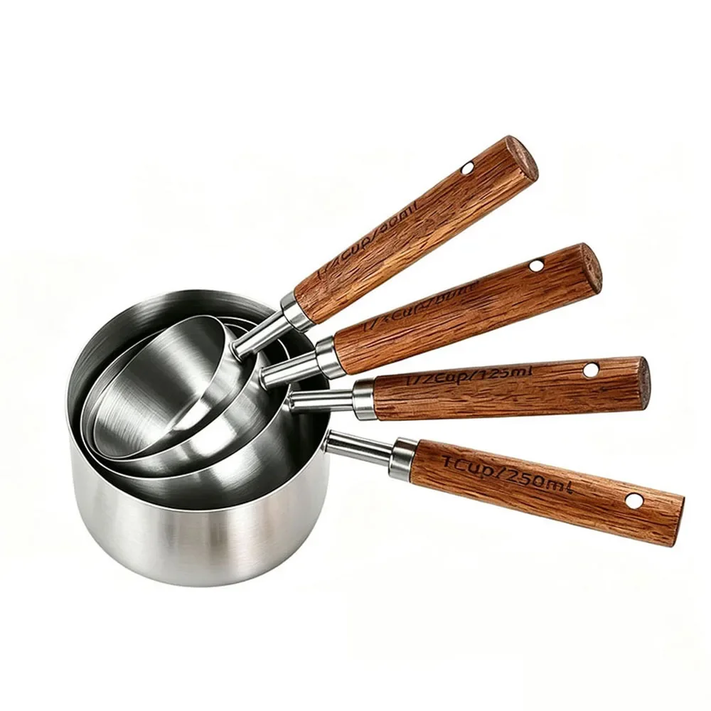 4Pcs Wooden Handle Measuring Cup Stainless Steel Measuring Spoon for Flour Grain Milk Kitchen Accessories Kitchen Baking Gadget