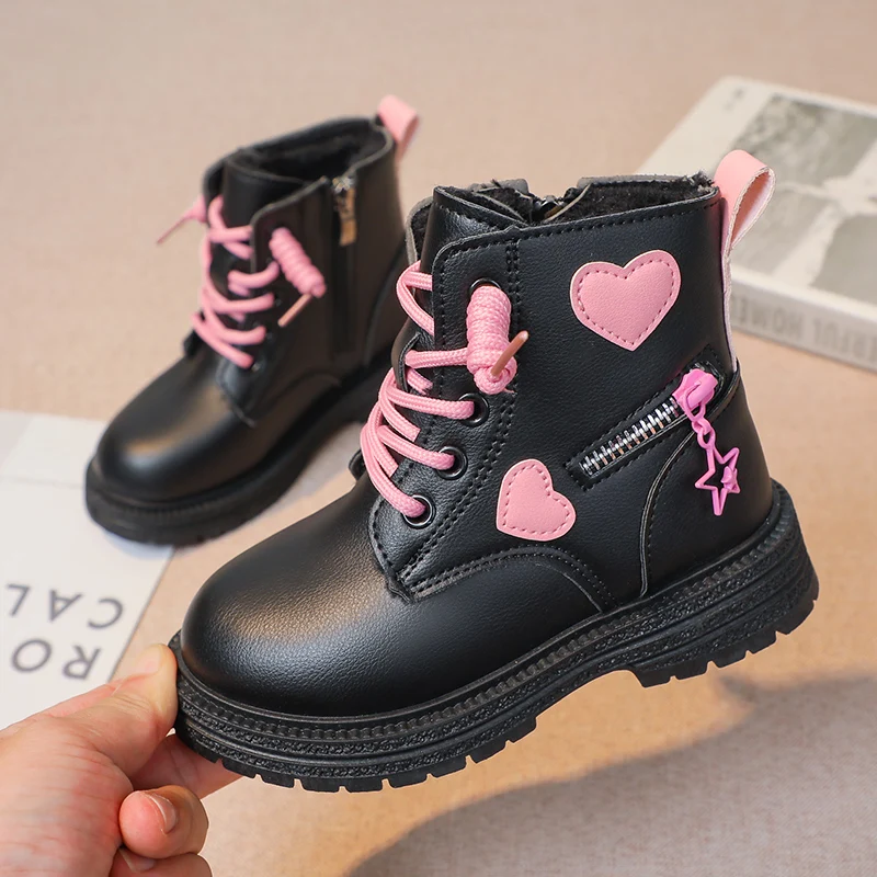 Pink/black Girls Leather Boots with Low Cut Anti Slip Side Zipper Winter Outdoor Girls Fashion Cotton Boots Sandalias De Mujer