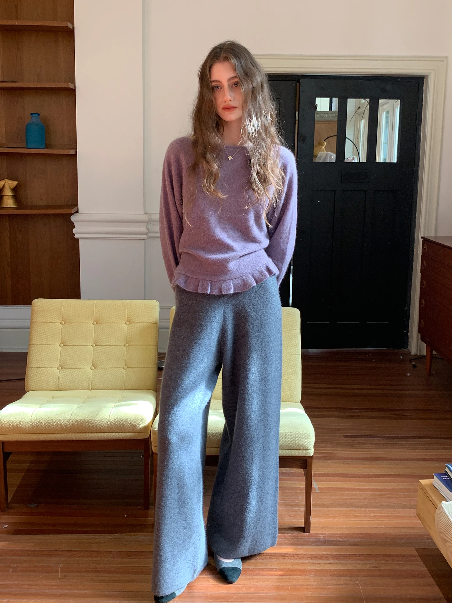 

Zhu Autumn Winter Knitted Purple Woolen Sweater Women's Slim Fit Design Simple Sle Long Sve round Ne ort Coat