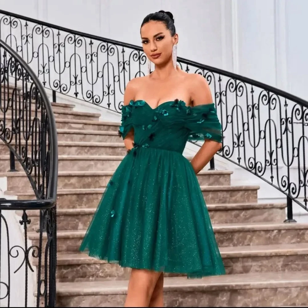 

Off-Shoulder Emerald Green Tulle Prom Dress Pretty Floral Appliques Mesh Puffy Women's Special Occasion Gowns Evening Dresses