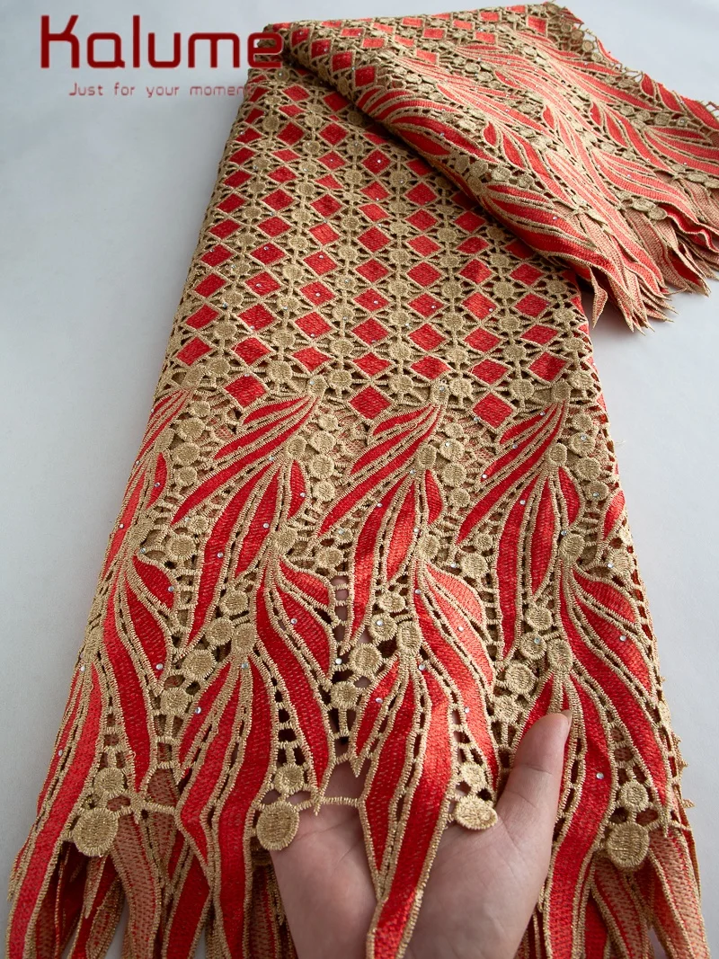 

Kalume 2025 African Guipure Lace Fabric High Quality Cord Lace Fabric with Stones Red Lace Fabric For Sewing Party Wedding Dress