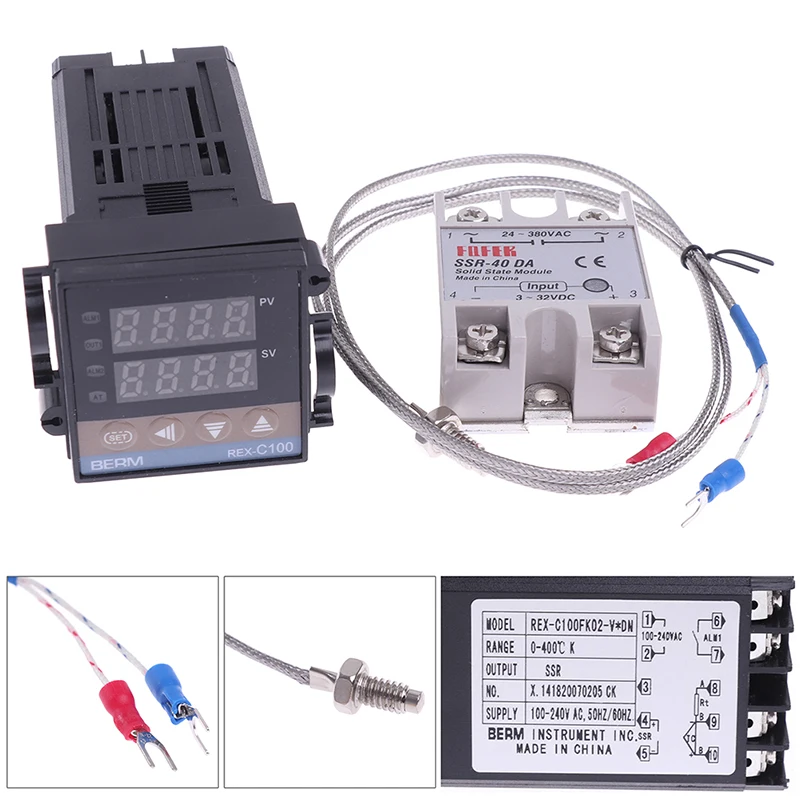 100-240VAC PID REX-C100 متحكم في درجة الحرارة SSR-40A الحرارية