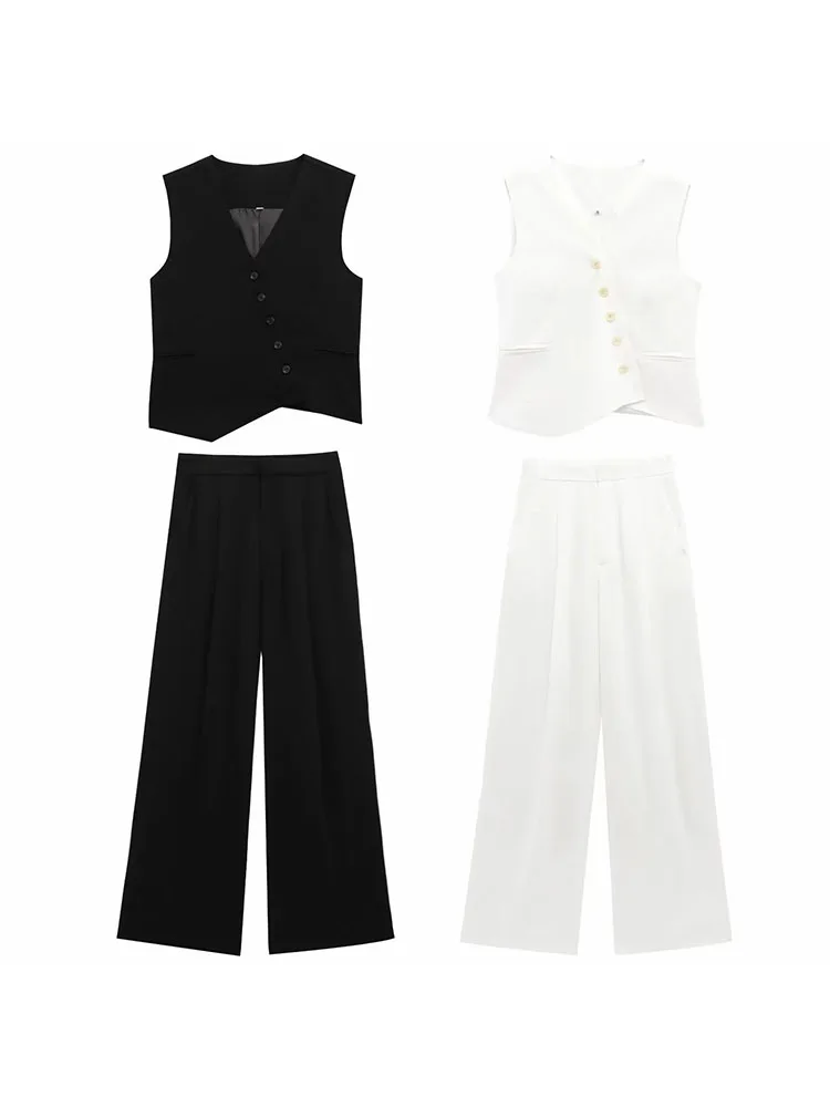

Женский однобортный жилет с v-образным вырезом и карманами, однотонный тонкий жилет + модные повседневные брюки на молнии с высокой талией, комплект из 2 предметов