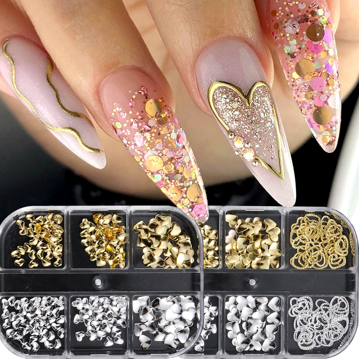 Minimalistische Punk-Style Legierungs-Nagelkunstdekorationen mit Ausgehöhltem Herz, Metall-Nagelornamente mit Ausgehöhltem Herz – Detail 3