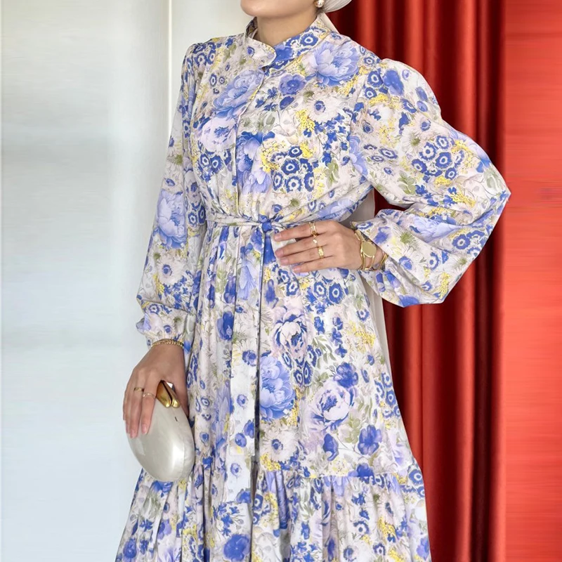 

Женское пляжное платье с круглым вырезом и пуговицами, повседневное плиссированное богемное платье с длинными рукавами, весна-лето, праздничное платье с цветочным принтом