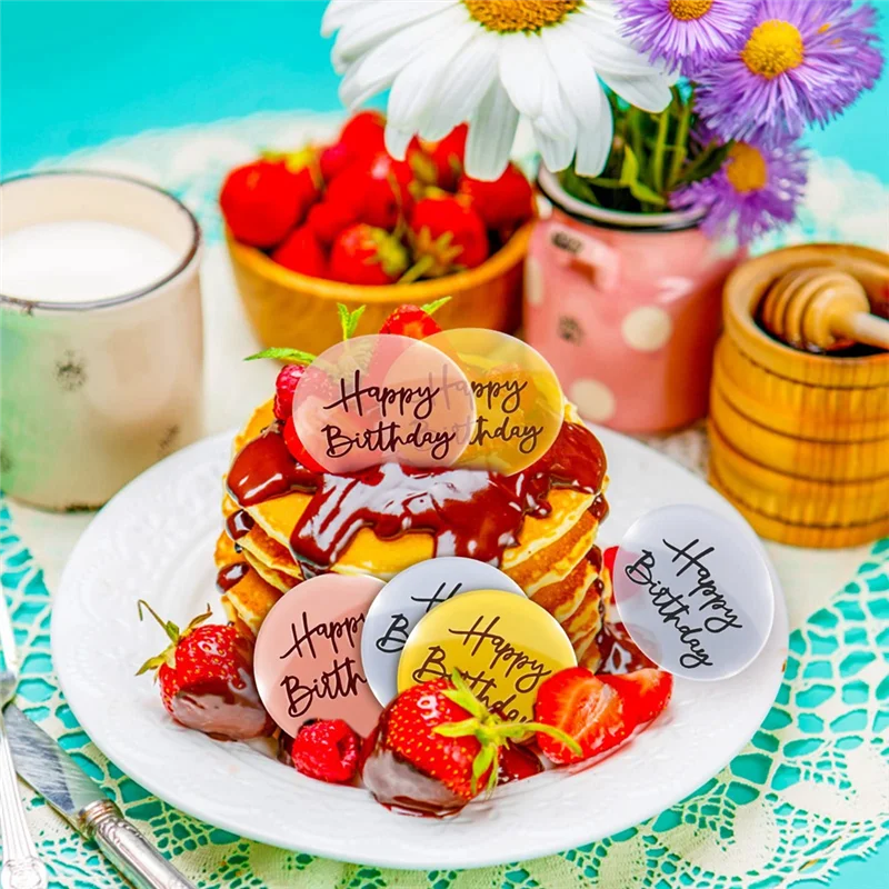 ABZV-24Pcs الاكريليك كعكة القبعات العالية عيد ميلاد سعيد مرآة كعكة القرص صغيرة مستديرة محفورة قطاعات الكب كيك DIY بها بنفسك كب كيك الديكور