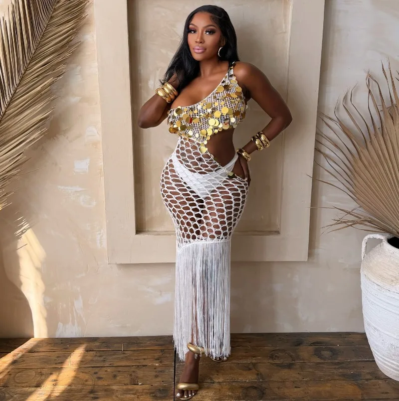 

KEXU Sexy Fringe Tassel Knit Crochet Cover-up Beach Dress See Through Hollow Out Sequined Party Club Bodycon Maxi Women Dress