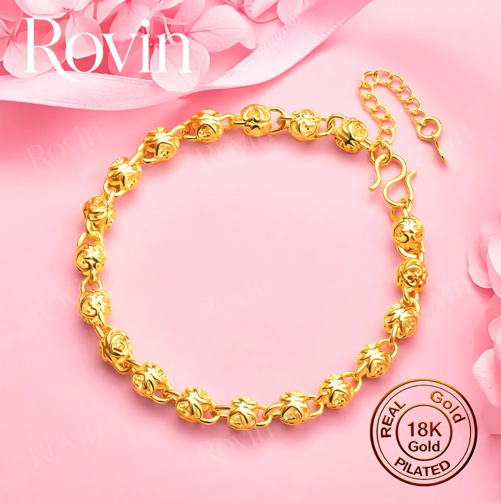18K Gold 8-Inch Bracelet with Exquisite Openwork Rose Pendant – Stylish and Charming Wedding Jewelry for Women
