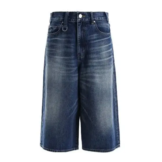 Jeans Biru Retro Celana Pendek Denim Panjang Lutut Lurus Longgar Kumis Pinggang Rendah Dicuci Pria Pakaian Musim Panas Kasual