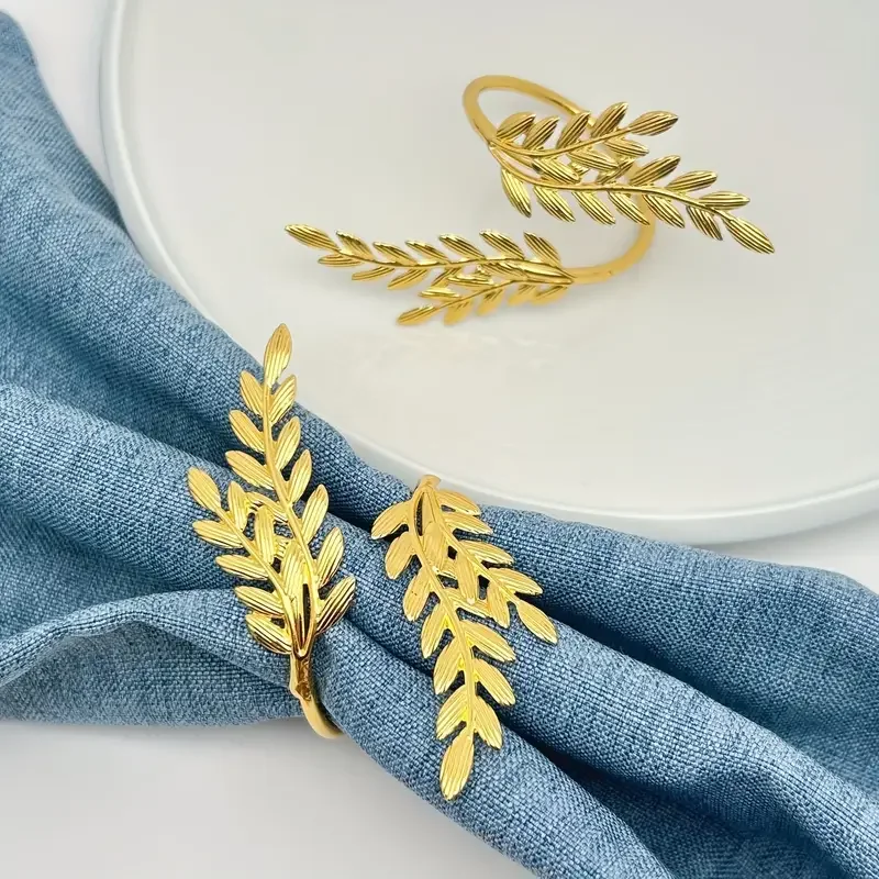 1-12PCS Gold Wheat Napkin Rings Metal Leaf Design Napkin Holder Elegant Table Decoration for Wedding Thanksgiving Dinner Party
